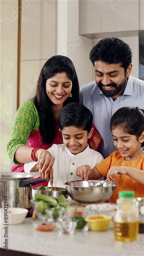 Happy Indian Family Cooking Together in Modern Kitchen - Mother, Father, Son & Daughter Enjoying Meal Preparation and Quality Time at Home
