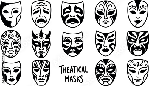 Black and white theatrical masks collection with various facial expressions and ornate tribal designs flat vector art set