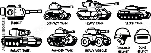 Black and white line art military tanks and helmets collection with turret compact heavy sleek robust rounded vehicle and helmets