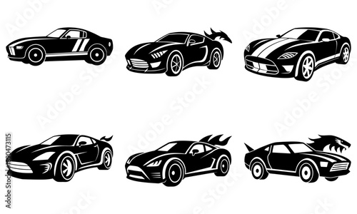 Collection of sleek sports cars in various profiles and angles showcasing design and speed