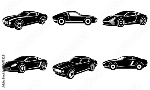 Vintage cars showcased in a grid of black and white illustrations from different viewpoints