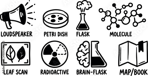 Hand drawn black and white vector icons of loudspeaker petri dish flask molecule leaf scan radioactive brain flask and map book symbols