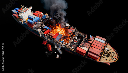 Aerial view of a large container ship with a massive fire breaking out in the central cargo hold area, causing structural damage and thick smoke at sea