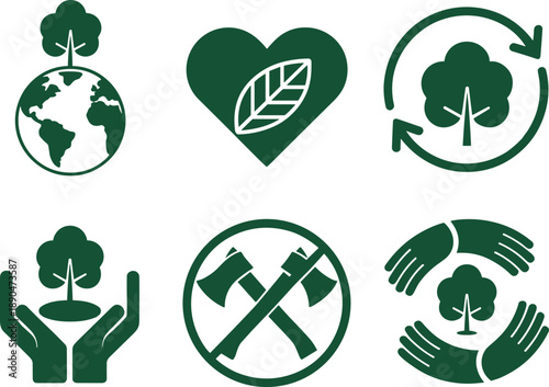 Environmental Protection and Ecology Vector Icon Set: Green Sustainability Symbols, Including Reforestation, No Deforestation, Earth Care, and Recycling Logos for Corporate Responsibility.
