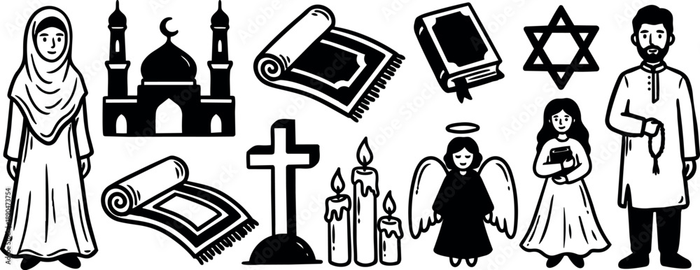 Fototapeta premium Black and white vector art depicting diverse religious symbols and figures including mosque, prayer rugs, bible, star of david, cross, angel, candles, man with rosary beads, and woman in hijab