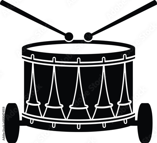 Marching snare drum silhouette with crossed sticks isolated on white background for music band percussion rhythm vector illustration designs