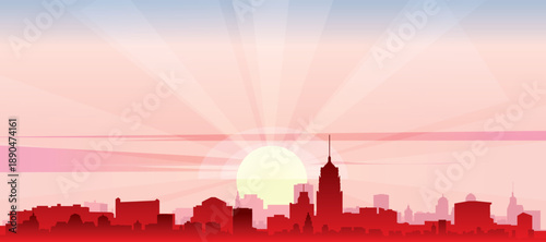 Red panoramic poster of the city skyline with misty background buildings, sunrise, moon and clouds of SAN ANTONIO, UNITED STATES