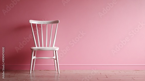 A white chair stands alone in a room with a pink wall and wooden floor