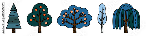 Detailed flat vector tree set including pine, apple, and willow species. Professional illustrations for forest, park, and environmental projects.