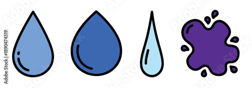 Set of blue water drop icons and a purple liquid splash. Fun flat vector illustrations for cleaning, hygiene, or artistic paint themes.