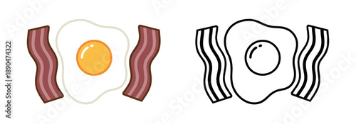 Traditional breakfast icon featuring a fried egg with two strips of wavy bacon. Includes flat color and line art versions.