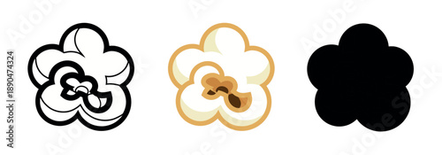 Detailed illustration of a single popped popcorn kernel in outline, realistic color, and black silhouette styles. Minimalist snack icon.