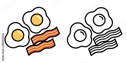 Breakfast platter illustration with two sunny-side-up fried eggs and strips of crispy bacon. Clean outline and flat color styles.