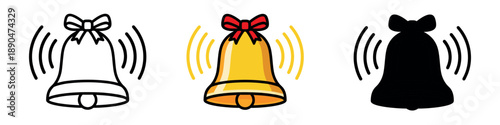 Golden ringing bell with a red bow and motion lines. Festive holiday icon in outline, color, and black silhouette versions.