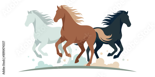 Three wild horses galloping together in shades of white, brown, and black. Energetic equine movement illustration in a minimalist flat style
