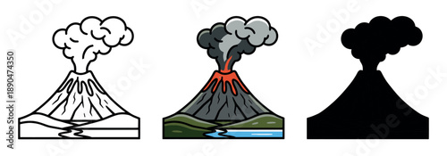 Volcanic eruption illustration with smoke and lava. Nature disaster icons in outline, flat color, and black silhouette styles on white
