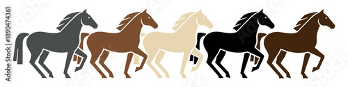 Line of five horses in various earthy tones walking or trotting. Minimalist animal herd design element for equine and ranch themes.