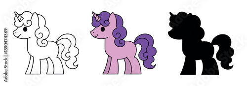 Adorable purple unicorn character with a horn and curly mane. Variations in outline, flat color, and silhouette for magical children's designs.
