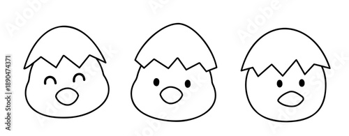 Chicks with eggshells on their heads outline.
Cute chick head coloring page template set.
Transparent Background. SVG.
