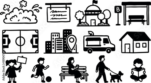 Black line art vector icons of children playing reading walking dog food truck cityscape building park bench and house silhouettes