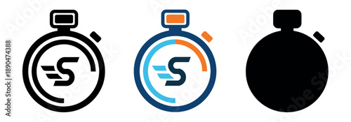 Stopwatch timer icons with a winged letter S, symbolizing speed, express delivery, and fast service. Professional black, blue, and orange set.