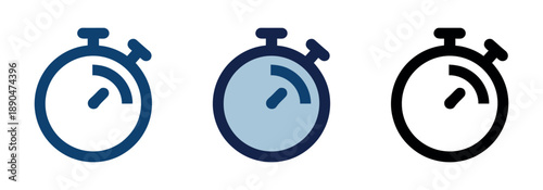 Clean minimalist stopwatch icons in dark blue and grey shades. Functional time measurement symbols for apps, sports, and business timing.