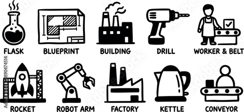 Hand drawn black icons set including flask, blueprint, factory building, power drill, worker with conveyor belt and robotic arm in simple flat design