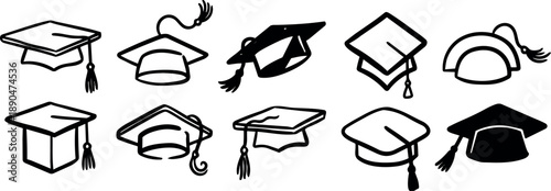 Hand drawn black outline graduation cap icons set with tassel various angles and styles isolated on white background