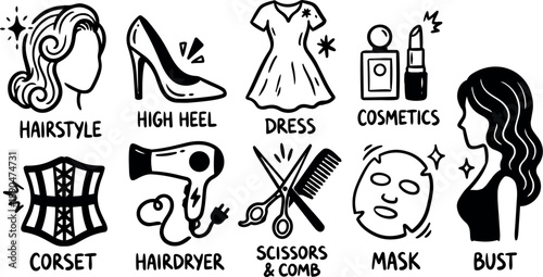 Black and white vector icons set of hairstyle dress corset hairdryer scissors comb mask bust and cosmetics illustrations