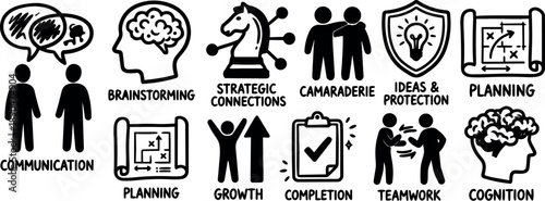 Hand drawn vector icons set depicting communication, brainstorming, strategic connections, camaraderie, ideas protection, planning, growth, completion, teamwork, and cognition concepts