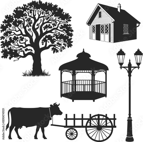 rural silhouette, tree illustration, cow and cart, house sketch, gazebo design, black and white, nature vector, village scene, countryside artwork, rustic elements, 