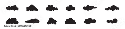Fluffy clouds silhouettes. Vector set of clouds shapes. Collection of various forms and contours. Design elements for the weather forecast, web interface or cloud storage applications.Weather concept