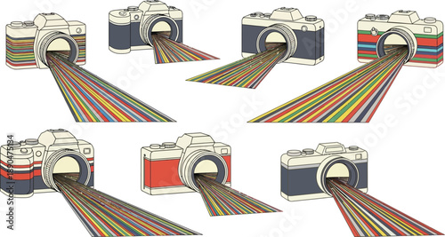 Collection of eight retro style cameras with colorful light rays emanating from lenses, transparent background