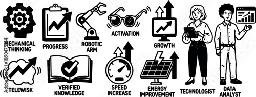 Black and white line art vector icons showing mechanical thinking progress robotic arm telewisk verified knowledge speed increase energy improvement growth with technologist and data analyst figures