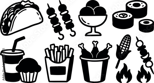 Black silhouette vector icons of various fast food items including taco, french fries, soda cup, fried chicken bucket, sushi rolls, corn on cob, kebab skewers, and ice cream bowl
