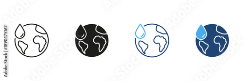 Earth With Water Drop Line And Solid Icon Set. Global Water Conservation, Environmental Protection Outline And Silhouette Symbol. Sustainability And Ecology Awareness. Isolated Vector Illustration