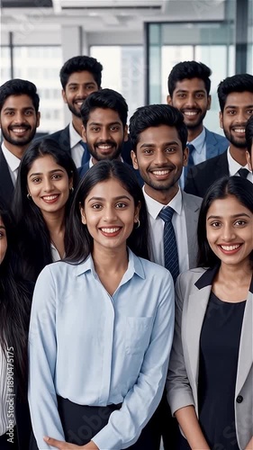 Group of successful young Indian business professionals smiling together in a modern office for corporate team portrait and professional career development concept background vertical

