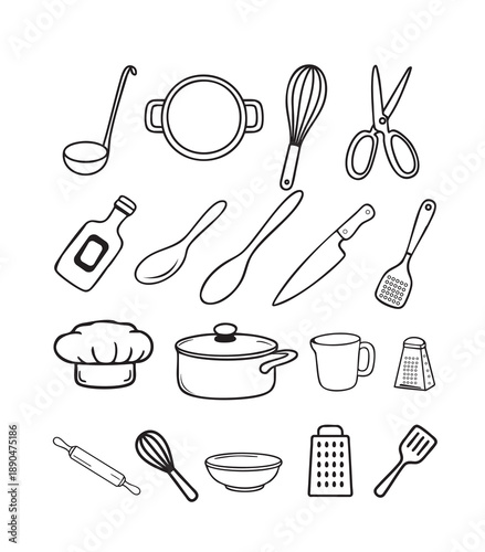 Hand Drawn Kitchen Utensils Line Icons Set