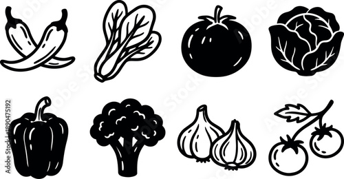 Black and white vector icons of chili peppers bok choy tomato cabbage bell pepper broccoli garlic and cherry tomatoes line art style