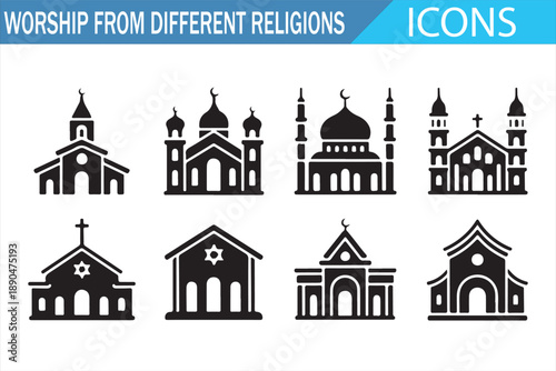 Sacred Worship Places Icons Set for Religious and Spiritual Concepts