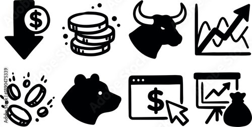Black finance icons including down arrow dollar coin stack bull head graph bear head cursor dollar symbol and rising chart with money bag