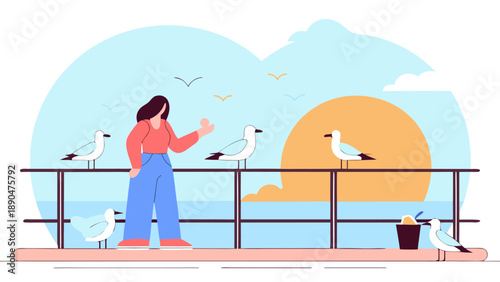 Minimalist Illustration of a Woman Feeding Seagulls on a Boardwalk 