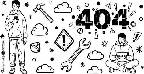 Black and white line art with 404 error text showing frustrated young man standing and sitting cross legged holding smartphone and tablet