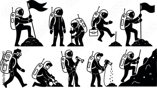 Black and white flat design astronauts exploring space terrain with flag planting and rock climbing in various poses and actions