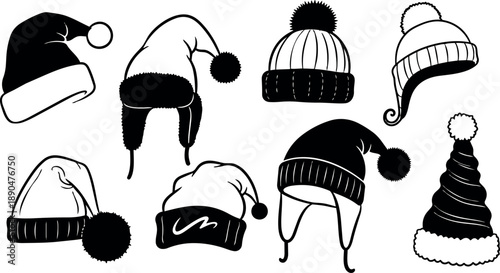 Black and white silhouette collection of various winter hats with pom poms and ear flaps in vector art style