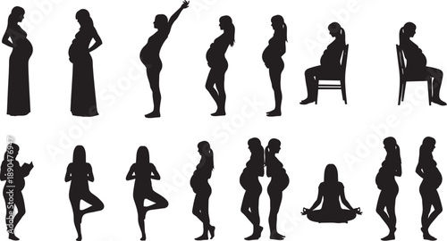Black and white silhouettes of pregnant women in various poses including standing sitting and practicing yoga isolated on white background for maternity and motherhood concepts.