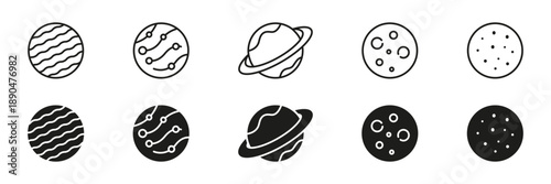 Planetary And Celestial Bodies Line And Solid Icon Set. Space Exploration, Astronomy, And Cosmic Phenomena Outline And Silhouette Symbol Collection. Editable Stroke. Isolated Vector Illustration