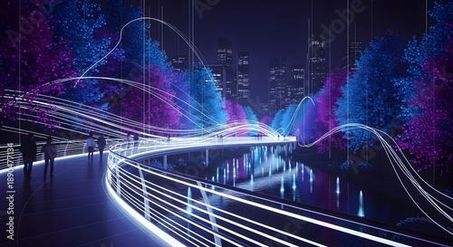 Enchanted digital forest park with neon lights and water fountains. Modern urban recreation and landscape lighting. People strolling through a glowing park with colorful trees and city skyline