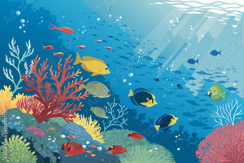 Featuring Coral Reef With Rainbow Colored Fish And Dynamic Creative Visual