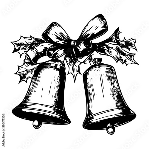 Classic Black and White Christmas Bells with Festive Bow and Holly: A Timeless Holiday Vector Illustration for Seasonal Designs and Greeting Cards